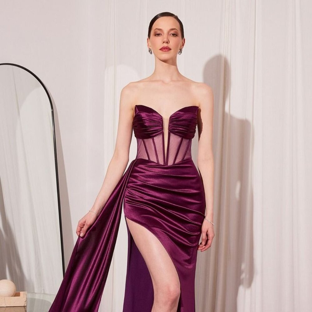 New Sheath Minimalistic Formal Dress w/ Boned Bodice & Sexy Leg Slit CD T811
